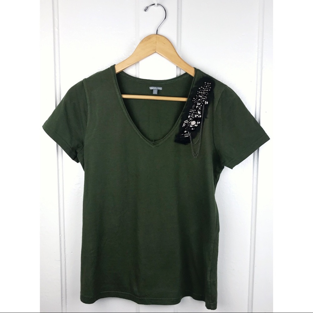Charlotte Russe : size : M : casual army green v-neck jewel shoulder detail top
